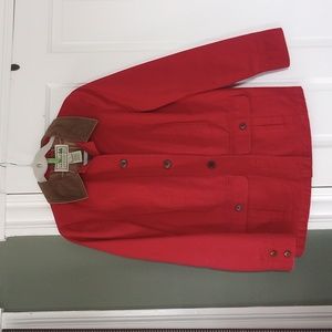 Red L.L. Bean barn coat with plaid flannel lining and corduroy details size sm